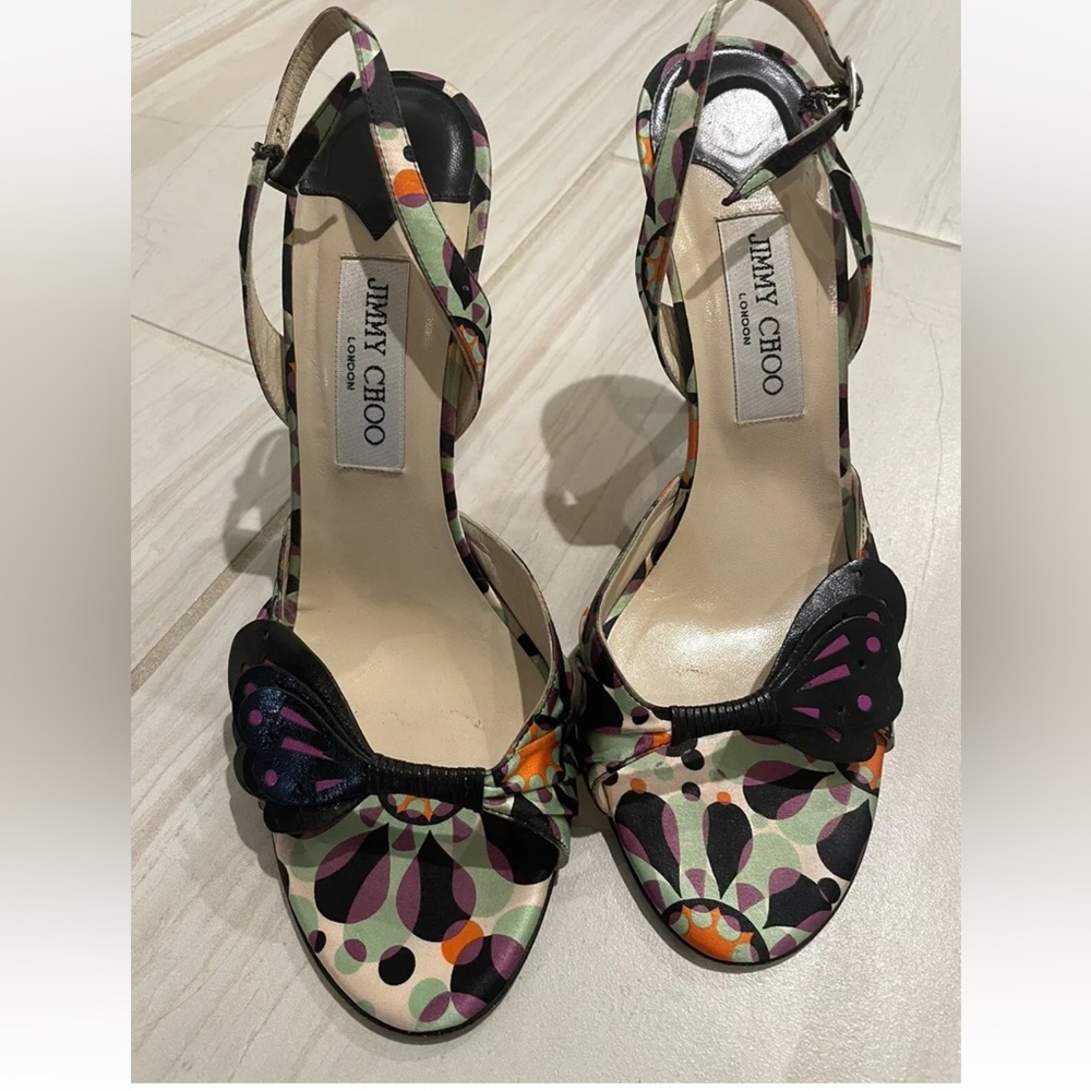 JIMMY CHOO Black Satin Abstract Side Cutout Sling Back High Heel Sandals 40 1/2